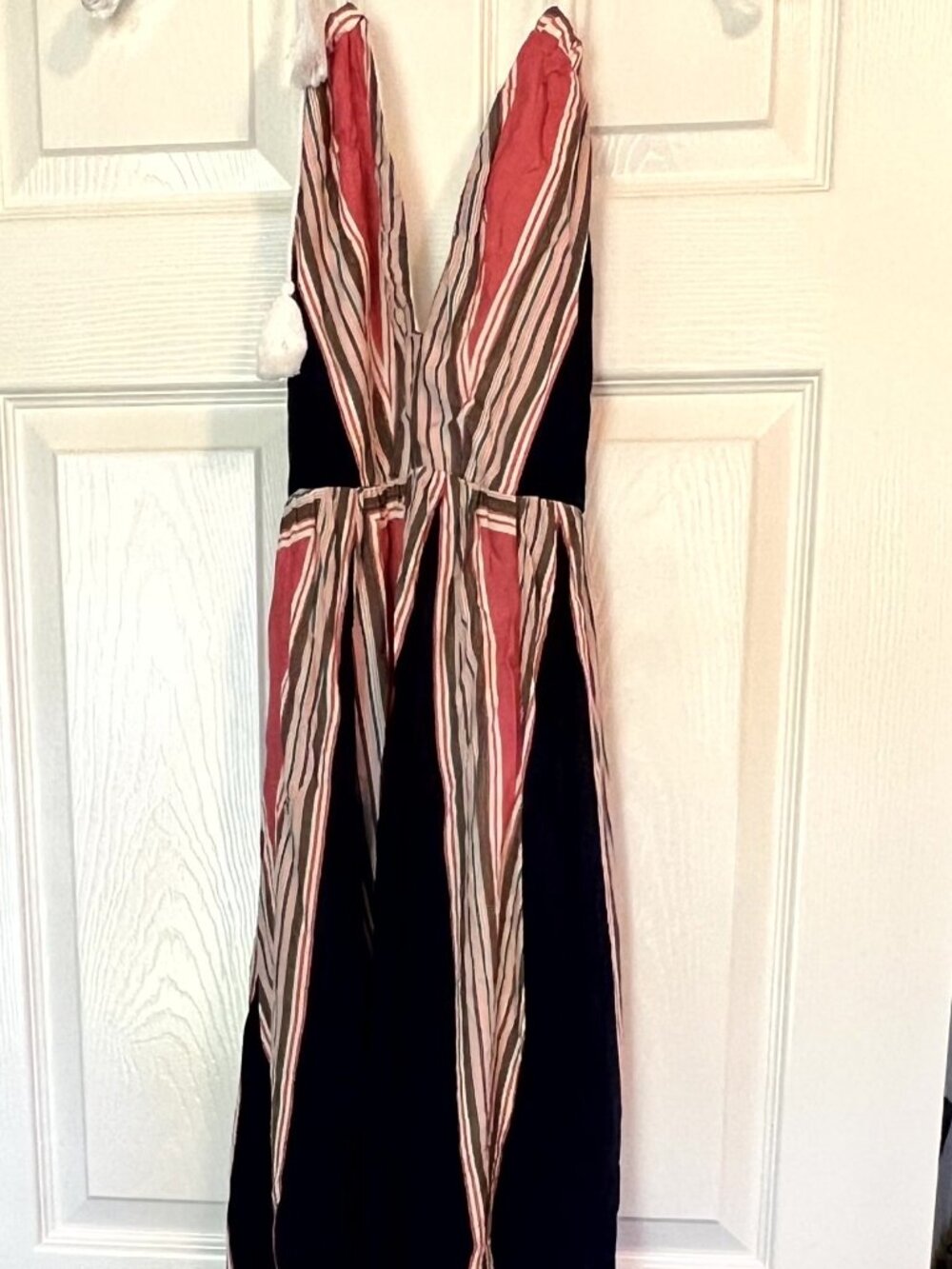 XTAREN Striped Tassel Strap Sleeveless V‑Neck Boho Dress Black Side Panels Women